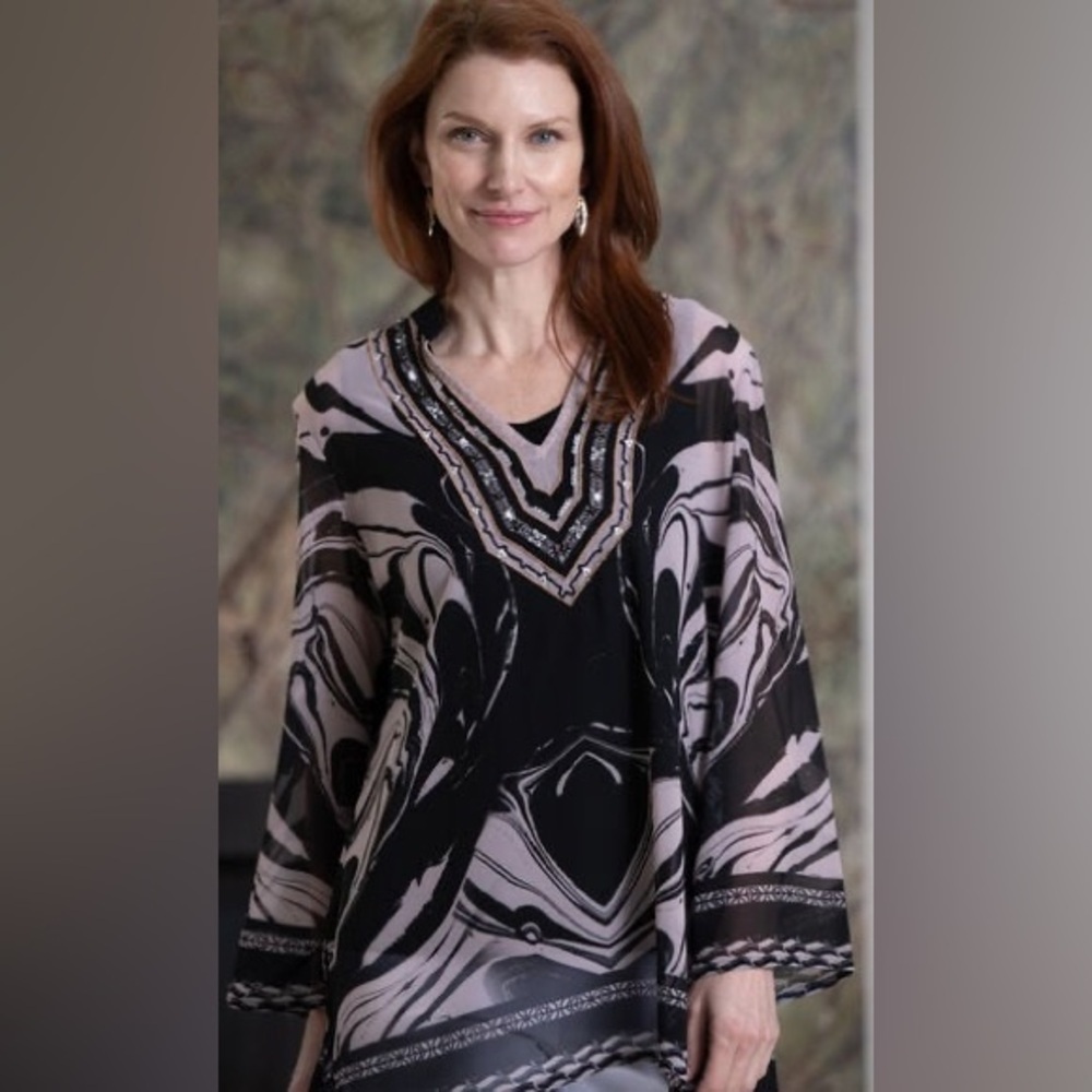 Minkas Women’s Tan Black Embellished Sheer Tunic Beaded Print Boho Coastal Sz M